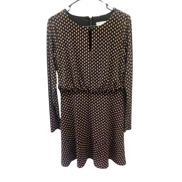 LOFT Long Sleeve Keyhole Neck Mini Dress Black with Pink + Yellow Flowers Size 0 - Picture 2 of 5